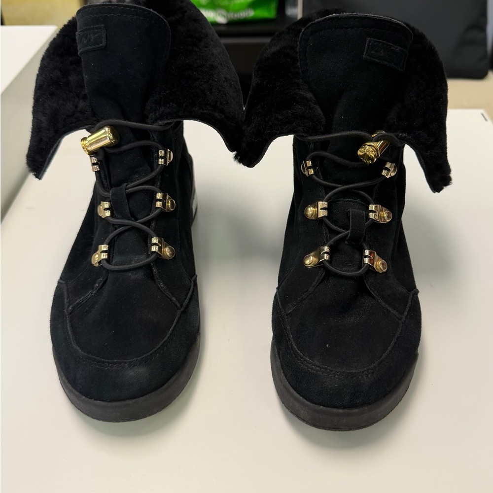 DKNY Black Suede Ankle Booties with Gold Hardware